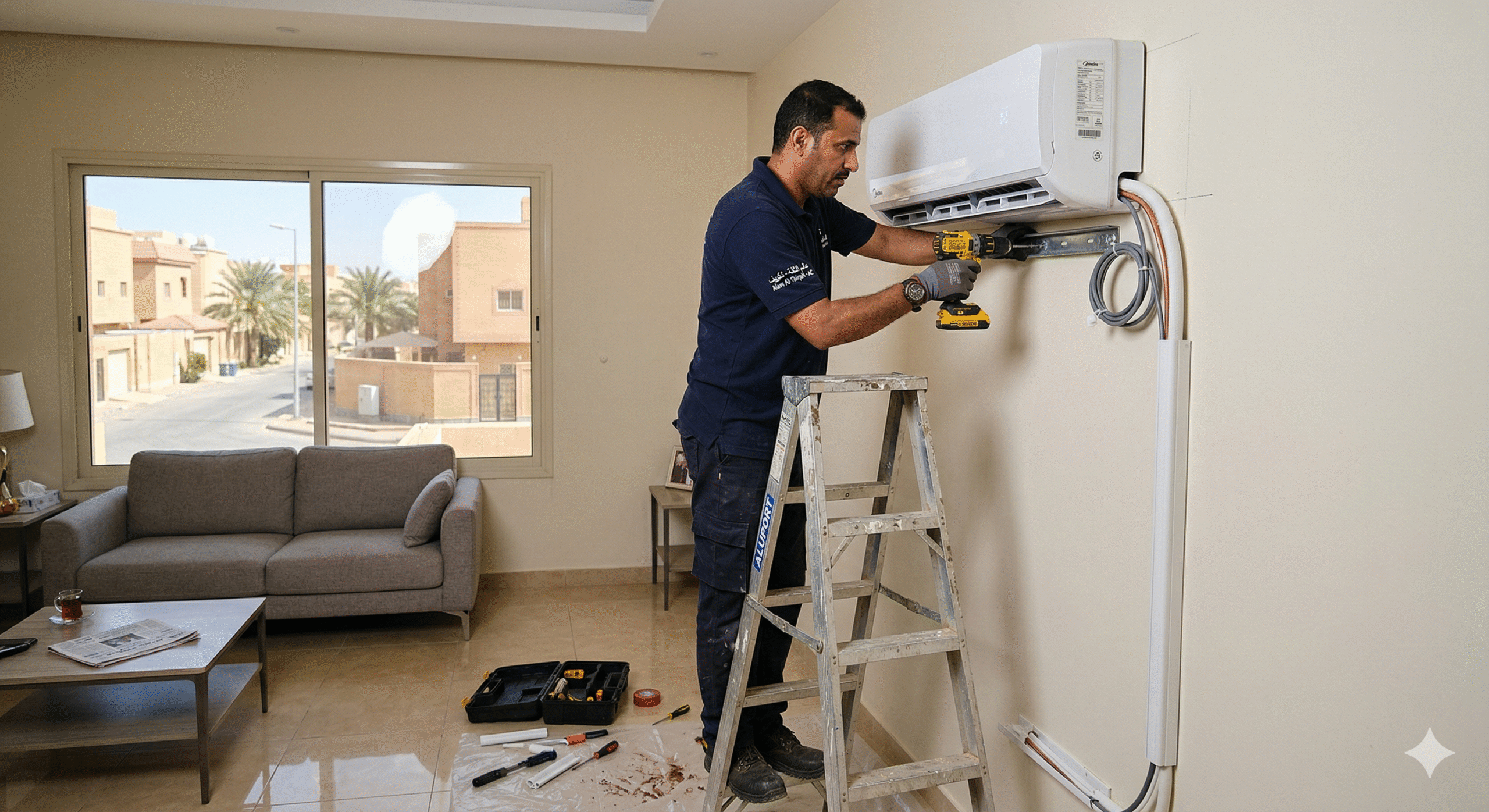 فني تركيب مكيفات اسبليت بالرياض يقوم بتركيب وصيانة جهاز تكييف داخل منزل.