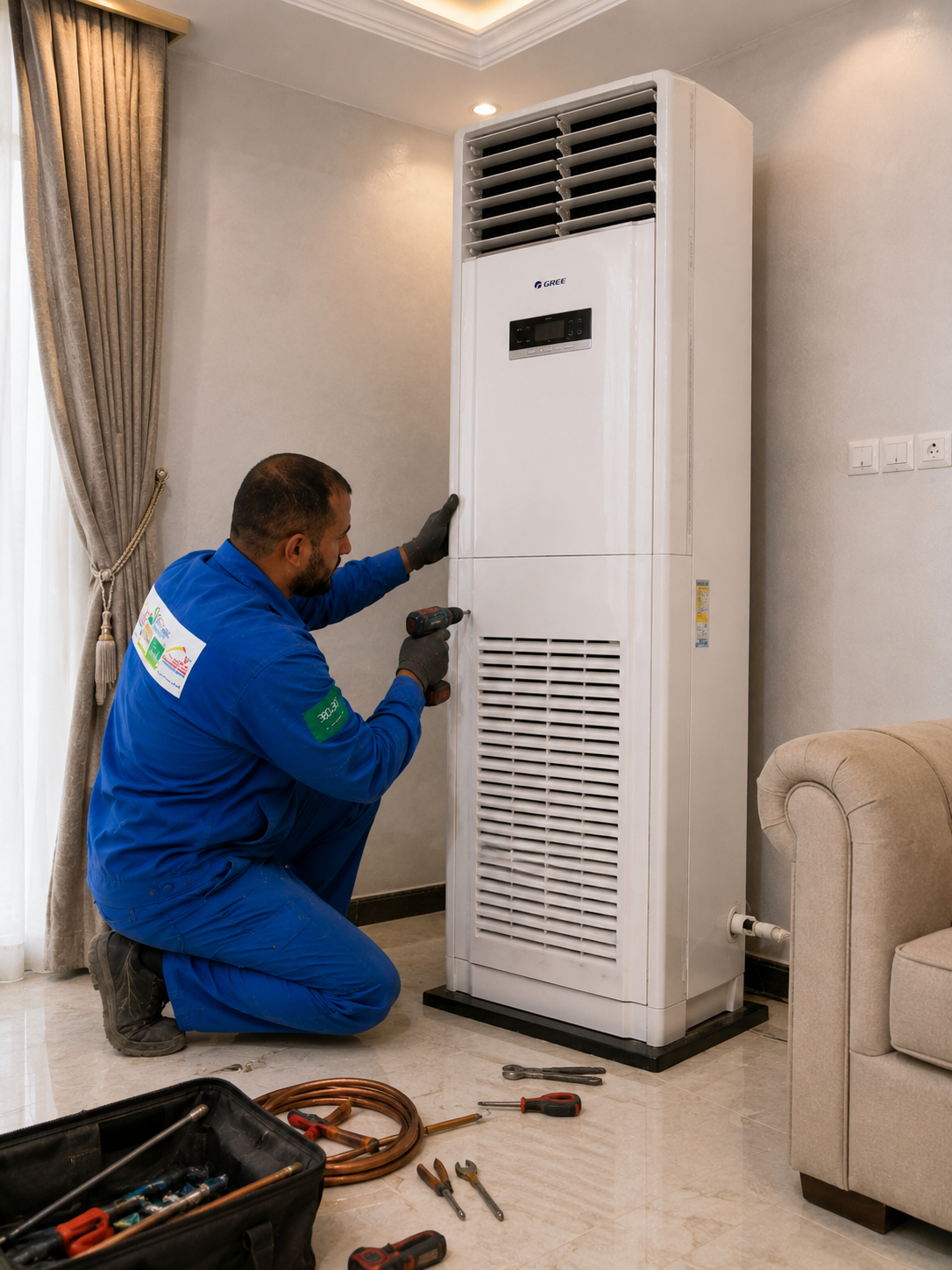 فني من شركة عالم الثقة اثناء تركيب مكيف دولابي بالرياض