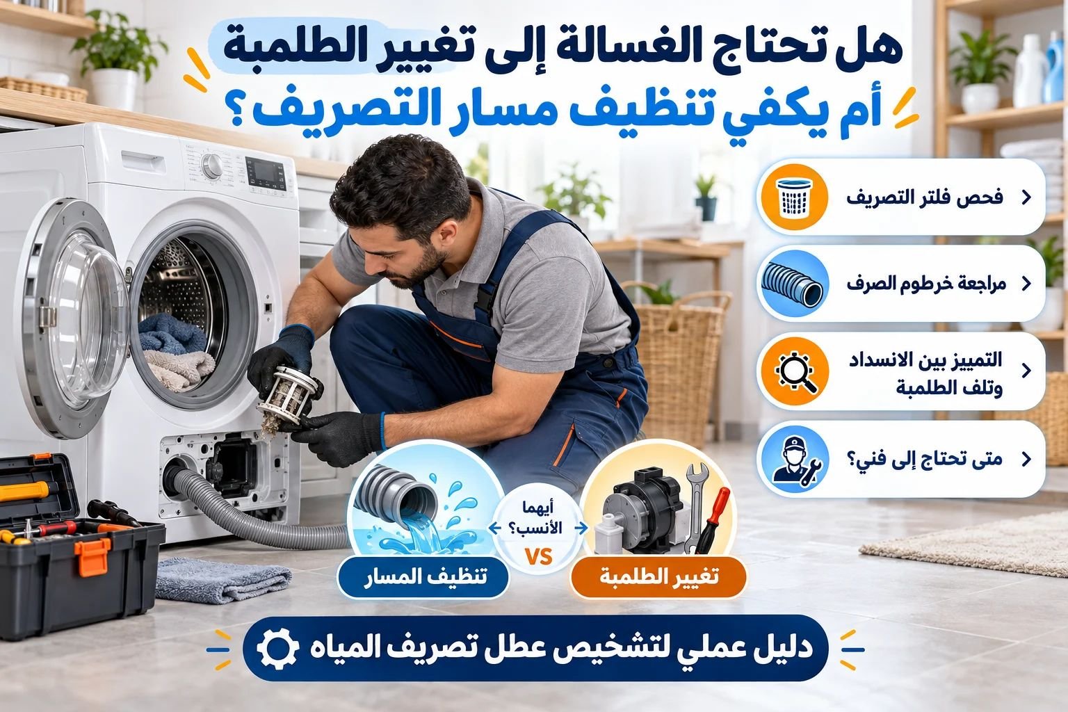 هل تحتاج الغسالة إلى تغيير الطلمبة أم يكفي تنظيف مسار التصريف؟
